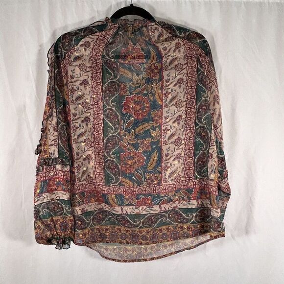 Democracy Blouse Womens Medium Brown Green Gold Metallic Sheer Vneck - Picture 7 of 10